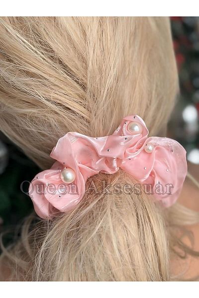 QUEEN AKSESUAR Luxury Stone Pearl Ornament Pink Scrunchie Shiny Satin Fabric Rubber Scrunchy