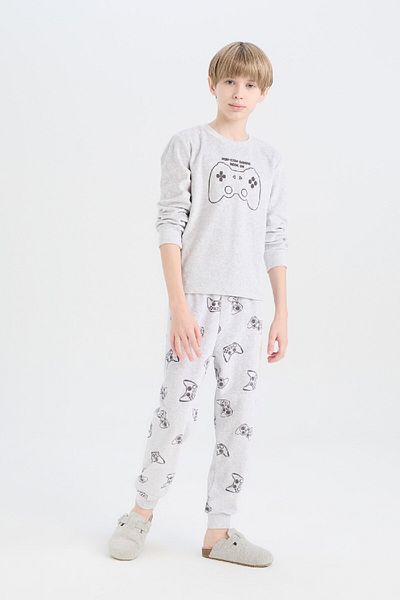 DeFacto Samt-Pyjama-Set für Jungen – Rundhalsausschnitt, bedruckt, langärmlig, Oberteil und Unterteil D8599A824CW