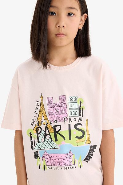 DeFacto Girl's Oversize Wide Fit Crew Neck Printed Short Sleeve T-Shirt E0356A825Sm