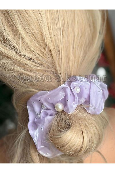 QUEEN AKSESUAR Luxury Stone Pearl Ornamented Purple Lilac Scrunchie Shiny Satin Fabric Rubber Scrunchy