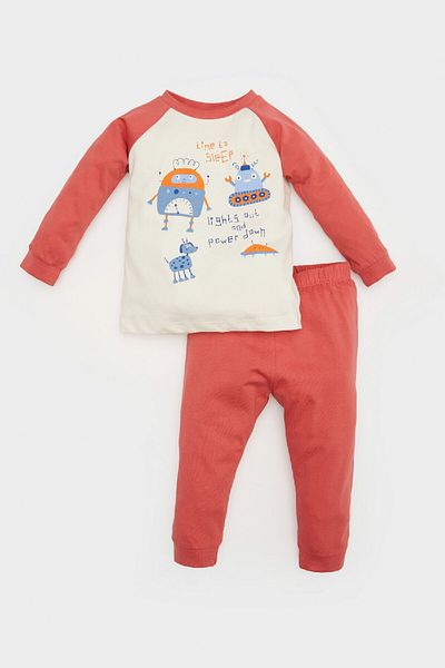 DeFacto Baby Boy Pajama Set - Vehicle Printed Long Sleeve Combed Cotton Top with Elastic Waist Long Bottom