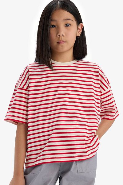 DeFacto Girl's Relax Fit Crew Neck Striped Short Sleeve T-Shirt D8581A825Sm