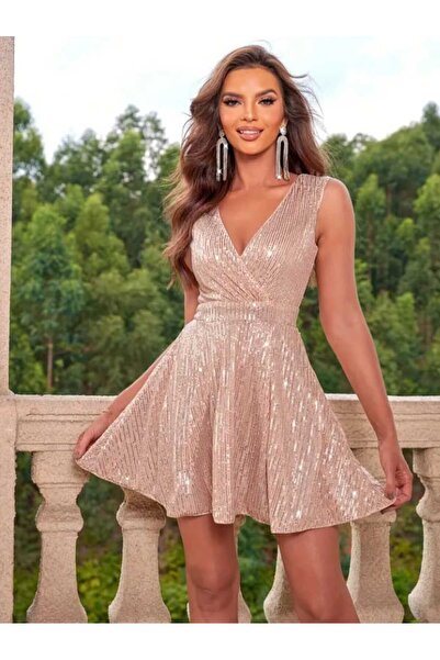 elissaa SIFIR KOLLU KRUVAZE YAKA PUL PAYET MİNİ ELBİSE