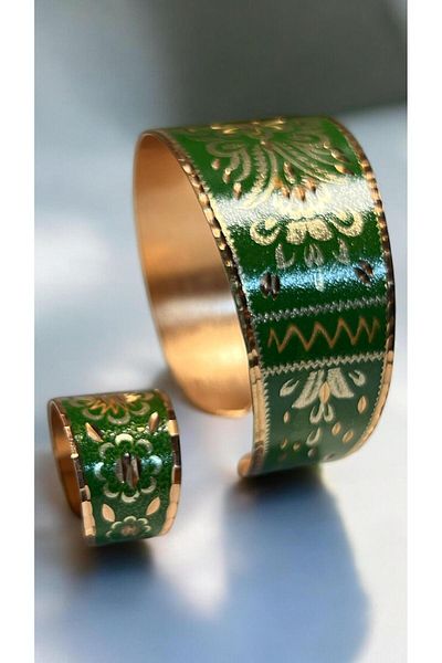 PrestigeSO Green Copper Bracelet Copper Earrings Copper Ring Set