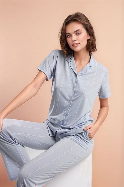 Pierre Cardin Set pijamale din bumbac și viscoză cu model pentru femei, albastru, cu mâneci scurte, cu nasturi în față Q9P0K9C3K