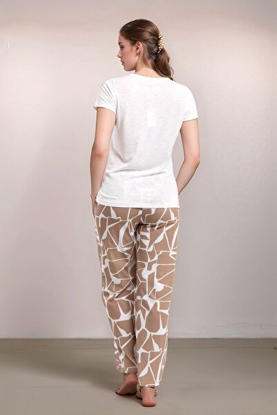 Pierre Cardin Kadın Ev Giyim Krem V Yaka Kısa Kollu Pijama Takımı LL.PC01.K1.D023