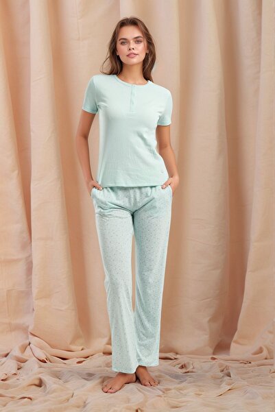 Pierre Cardin Kadın Kısa Kol Yarım Patlı Desenli Viskon Pijama Takımı Q9P0K9C0K