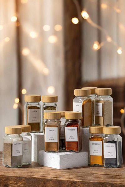 EG75 12 Glass Spice Rack Set with Bamboo Lid and 16 Stickers as a Gift...