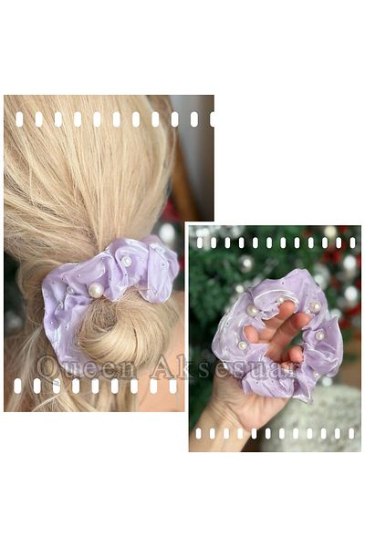 QUEEN AKSESUAR Luxury Stone Pearl Ornamented Purple Lilac Scrunchie Shiny Satin Fabric Rubber Scrunchy
