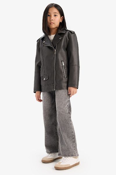 DeFacto Girls Water Repellent Zipper Double Pocket Faux Leather Jacket Coat D6922A825Sp