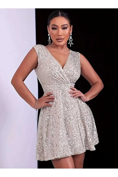 elissaa SIFIR KOLLU KRUVAZE YAKA PUL PAYET MİNİ ELBİSE