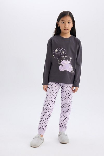 DeFacto Pyjama-Set für Mädchen – bedruckt, langärmlig, elastisches Taillenmuster, langer Boden E0532a825sp