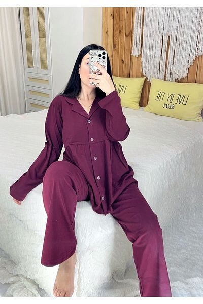 ByGamzeArman Burgundy Color Long Arm Combed Cotton Fabric Maternity Puerperium Pajamas Set
