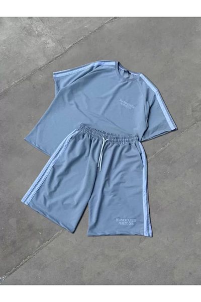 modaserdem Gray Unisex Striped Printed Shorts Set