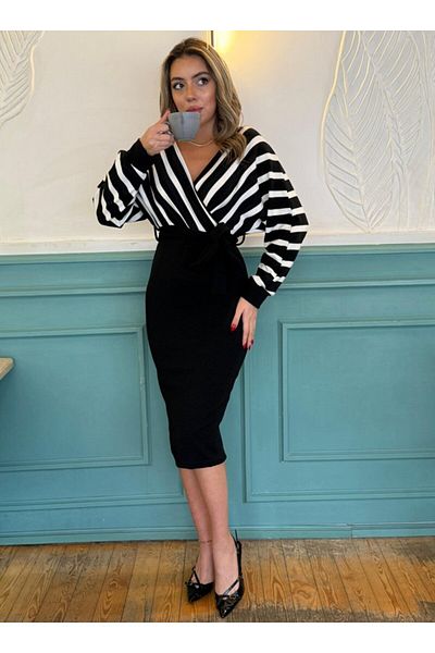 modaserdem Rochie midi din țesătură, cu mânecă lungă, cu guler dublu, cu model