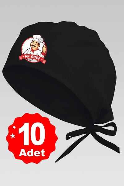 enmalife 10lu Mr. Chef Logo Basklılı Siyah Özel Tasarım Aşçı Ve Şef Bonesi