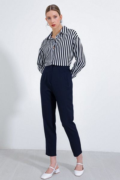 modaserdem Navy Blue High Waist Fabric Trousers 6650