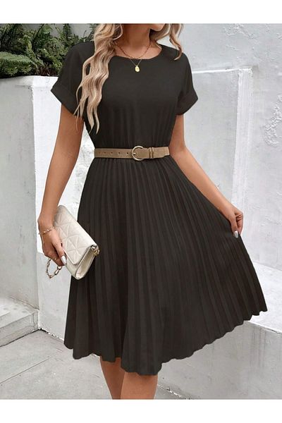 modaserdem Rochie de damă cu mânecă scurtă, cu guler deschis, cu talie elastică, plisată, scurtă, din crepon importat