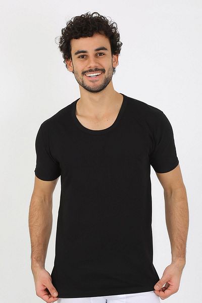 modaserdem Mdsrdm Men's Short Sleeve Open Collar Combed Cotton Undershirt-Black