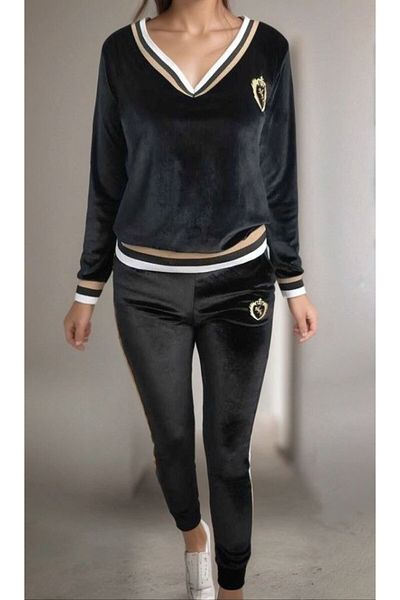 modaserdem Women's Long Sleeve V Neck Collar and Sleeve Stripe Detail Embroidered Velvet Suit