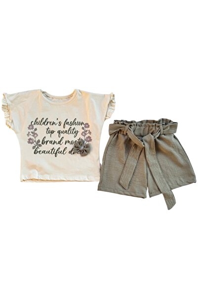 Minamino Pamuklu T-Shirt Baskılı Fiyonklu Şortu Kemerli İkili Kız Takımı