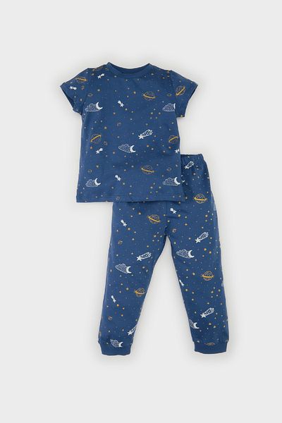 DeFacto Baby-Pyjama-Set für Jungen – gemusterte, kurzärmlige, elastische Hose mit langem Bund