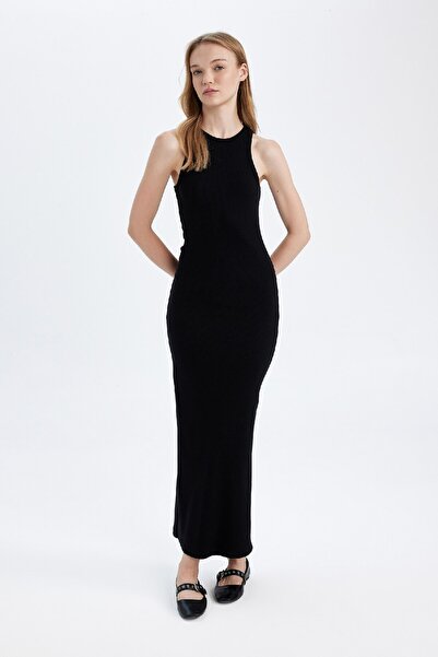 DeFacto Bodycon Vücudu Saran Halter Yaka Basic Düz Fitilli Kaşkorse Kolsuz Maxi Siyah Elbise A4828ax24wn