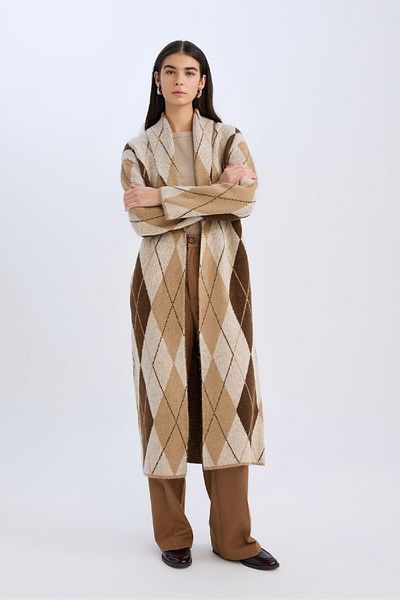 DeFacto Relax Fit Shawl Collar Diamond Pattern Long Knitwear Cardigan D9811Ax24Wn