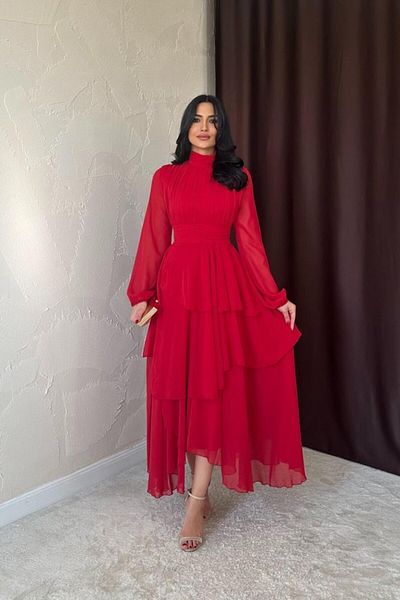 modaserdem Women's Red Waist Detailed Long Evening-Graduation-Wedding-Occasion Dress