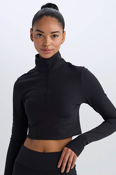 DeFacto Fit Slim Fit Dar Kesim Fermuarlı Dik Yaka Sporcu Uzun Kollu Tişört W0343az25sp