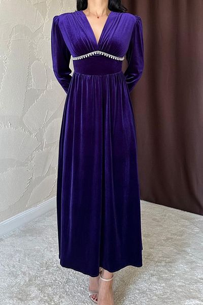 modaserdem Rochie de seară lungă cu mâneci lungi pentru femei violet