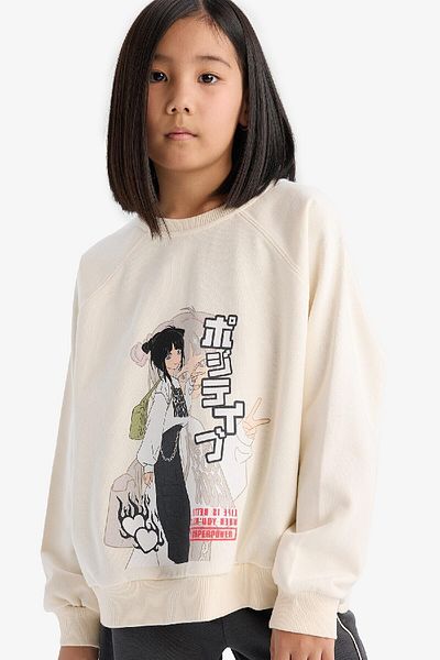 DeFacto Girl's Relax Fit Crew Neck Anime Printed Sweatshirt D8817A8
