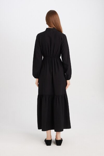 DeFacto Gömlek Yaka Basic Düz Düğmeli Beli Büzgülü Uzun Kollu Maxi Siyah Elbise D5851ax24au