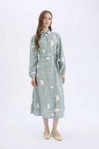 DeFacto Hemdkragen-Aerobin-Midikleid mit langen Ärmeln und Gürtel C2501AX25SP