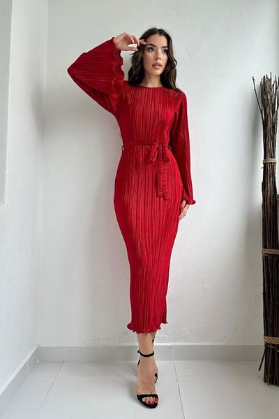 modaserdem Women's Red Spanish Sleeve Pleated Night-Graduation-Wedding-Evening Dress
