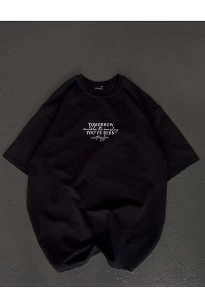 modaserdem Μπλουζάκι Unisex Crew Neck Printed Oversize - Μαύρο
