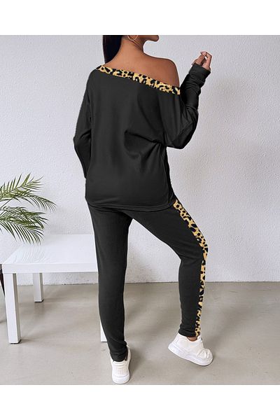 modaserdem Women's Long Sleeve Leopard Detail Viscose Two Thread Double Suit
