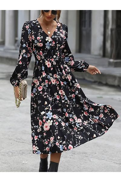 modaserdem Rochie de damă, cu mânecă lungă, cu două piepte, cu decolteu cu fante, cu talie elastică, cu imprimeu