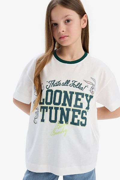 DeFacto Tricou pentru fete cu imprimeu Looney Tunes - supradimensionat, cu gât și mânecă scurtă E0866A825SM