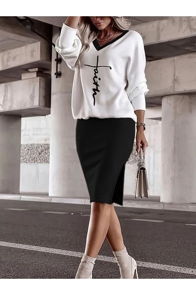 modaserdem Women's Long Sleeve V Neck Two Yarn Blouse and Raised Camisole Skirt Two-Piece Set