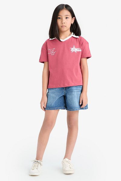 DeFacto Girl's Boxy Fit Polo Neck Printed Short Sleeve T-Shirt E1034A825Sm
