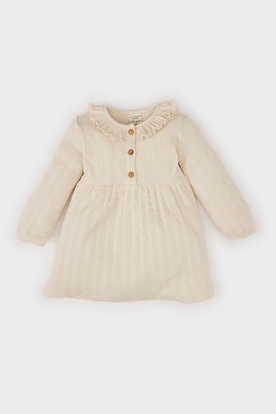 DeFacto Ribbed Ruffle Neck Baby Girl Dress - Long Sleeve, D9574A525Sp