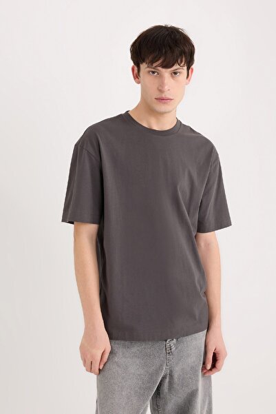 DeFacto 100% Cotton Boxy Fit Crew Neck Basic Plain Short Sleeve T-Shirt D6070Ax25Sp