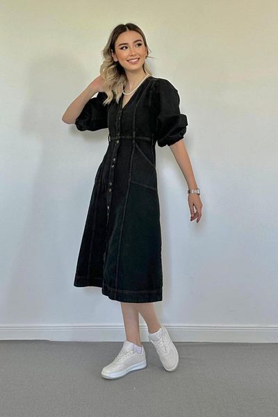 modaserdem Rochie neagră din denim cu mânecă cu balon