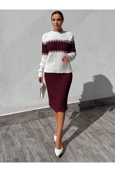 modaserdem Women's Long Sleeve Knitwear Skirt Suit