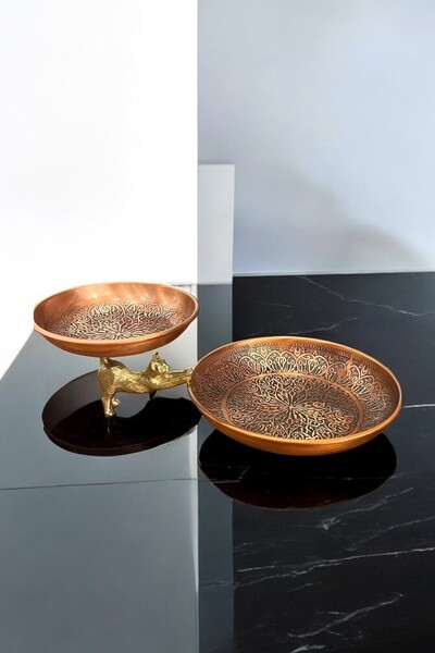 MHA BAKIR KEDİLİ 2 KATLISUNUMLUK ÇEREZLİK ŞEKERLİK KASE 25X8