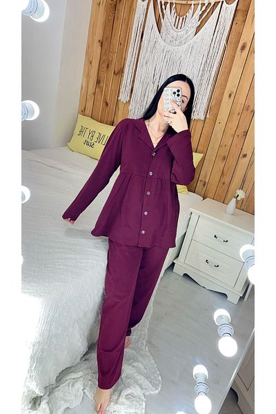 ByGamzeArman Burgundy Color Long Arm Combed Cotton Fabric Maternity Puerperium Pajamas Set