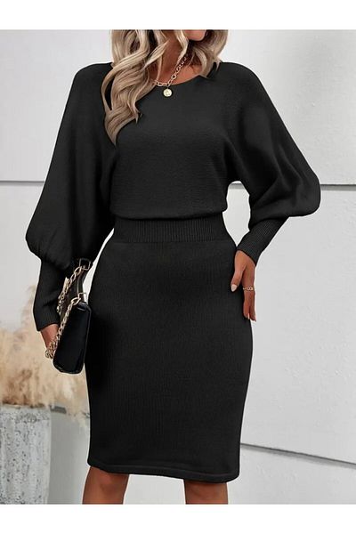 modaserdem Rochie scurtă din tricot pentru femei, cu mânecă lungă de liliac, cu guler deschis, cu talie