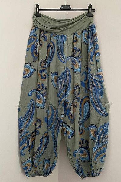 AYASOFYA OTANTIK Women's Italian Khaki Paisley Patterned Waist and Elastic Viscose Loose Baggy Trousers