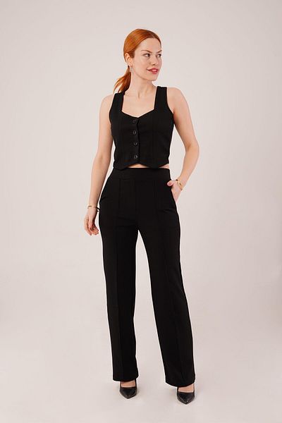 modaserdem Thick Strap Buttoned Vest and Trousers Black Set